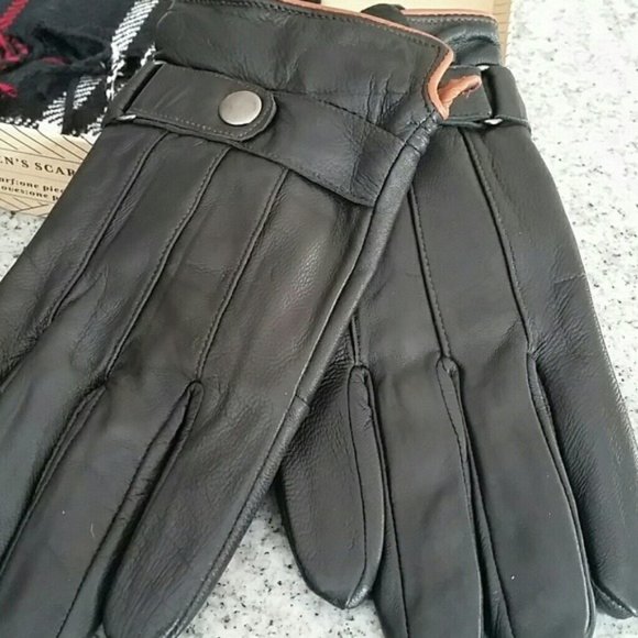 Mens Plaid LONG Scarf and Leather Gloves gift set - Picture 2 of 6